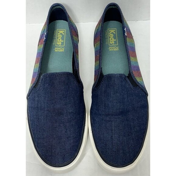 Keds Shoes Womens 8.5 Double Decker Stripe Denim Slip On Sneaker Preppy Nautical - Picture 4 of 10